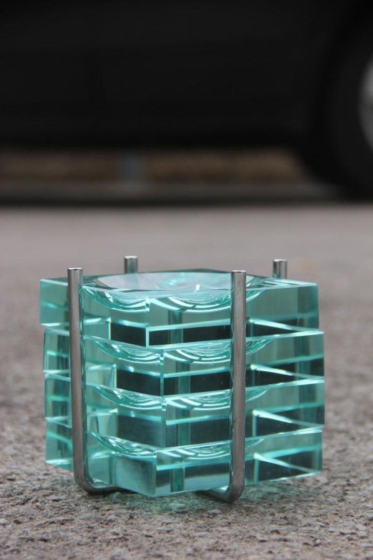 Gallotti & Radice Ashtray Piece Often Crystal Glass Metal Structure 1970 Italian photo furniture