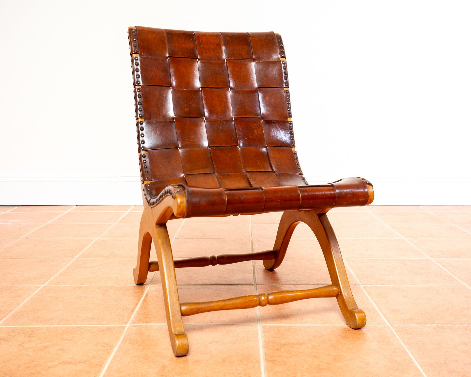 Pierre Lottier Slipper Lounge Chair Cigar Leather Strap 1960s Blonde Valenti Spanish French Mid Century Mcm Designer Neoclassical