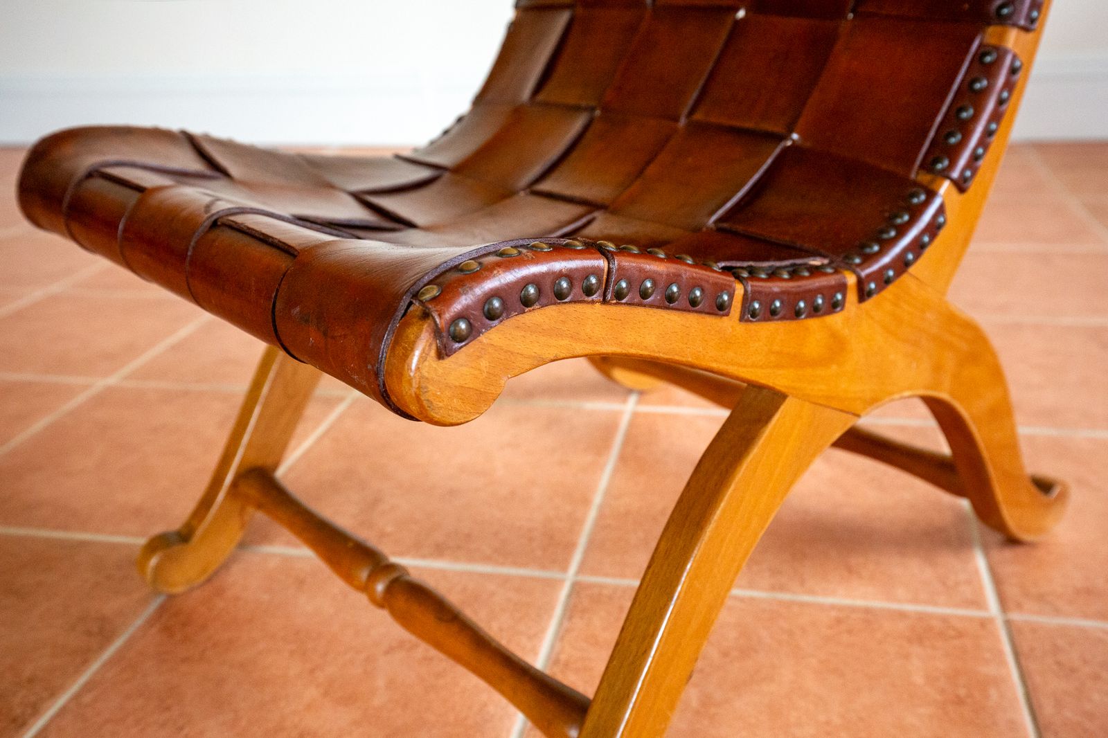 Pierre Lottier Slipper Lounge Chair Cigar Leather Strap 1960s Blonde Valenti Spanish French Mid Century Mcm Designer Neoclassical photo vintage