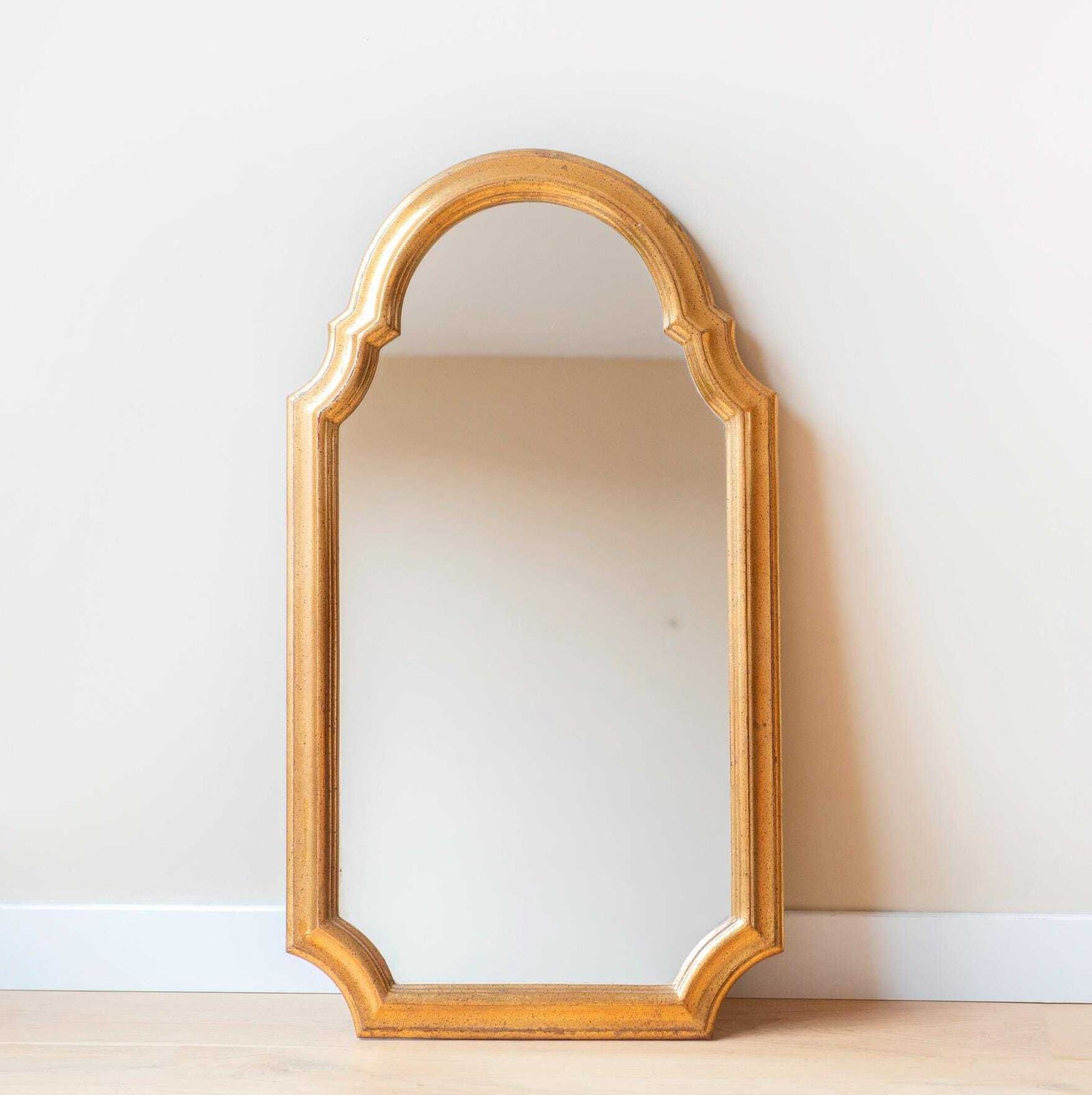 Large Belgian Mirror, Scalloped Golden Wall Mirror, Deknudt, Classic Wooden Arch Mirror, Hollywood Regency, Made In Belgium