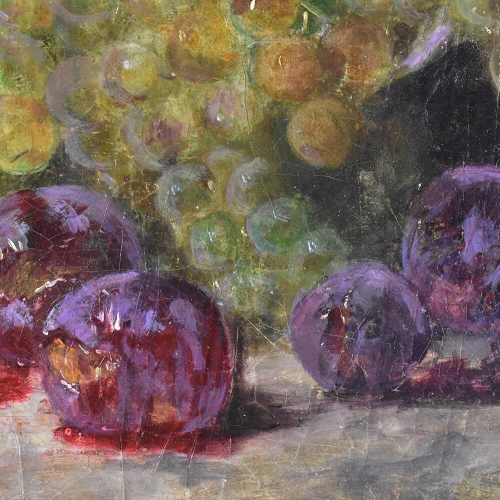 Still Life Oil Painting, Still Life With Fruit, Peaches And White Grapes, Oil On Canvas, Antique Painting, XIX Century. (Qnm616) photo vinterior