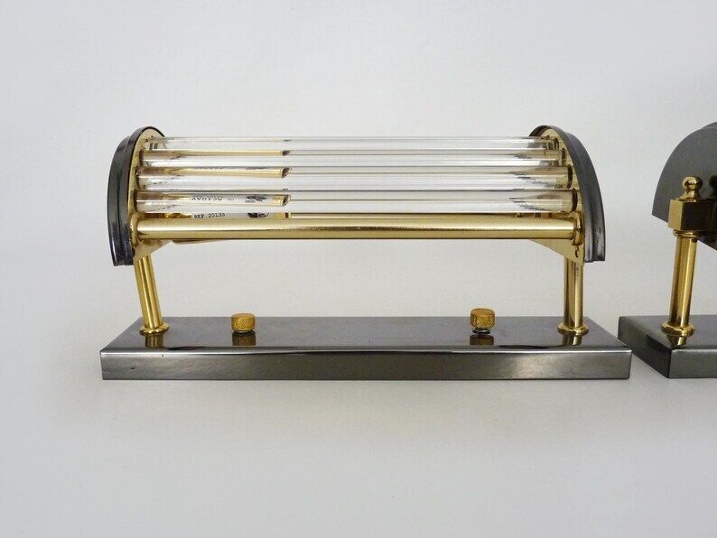 Pair Of Art Deco Style Wall Lights, Brass, Metal And Glass Gs Model Vadisa. 70s photo vinterior