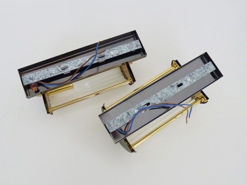 Pair Of Art Deco Style Wall Lights, Brass, Metal And Glass Gs Model Vadisa. 70s photo buy