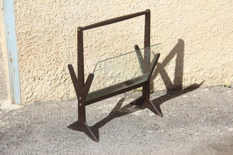 Mahogany Magazine Rack Geometric Shape Italian Design Midcentury Glass Parts photo for sale