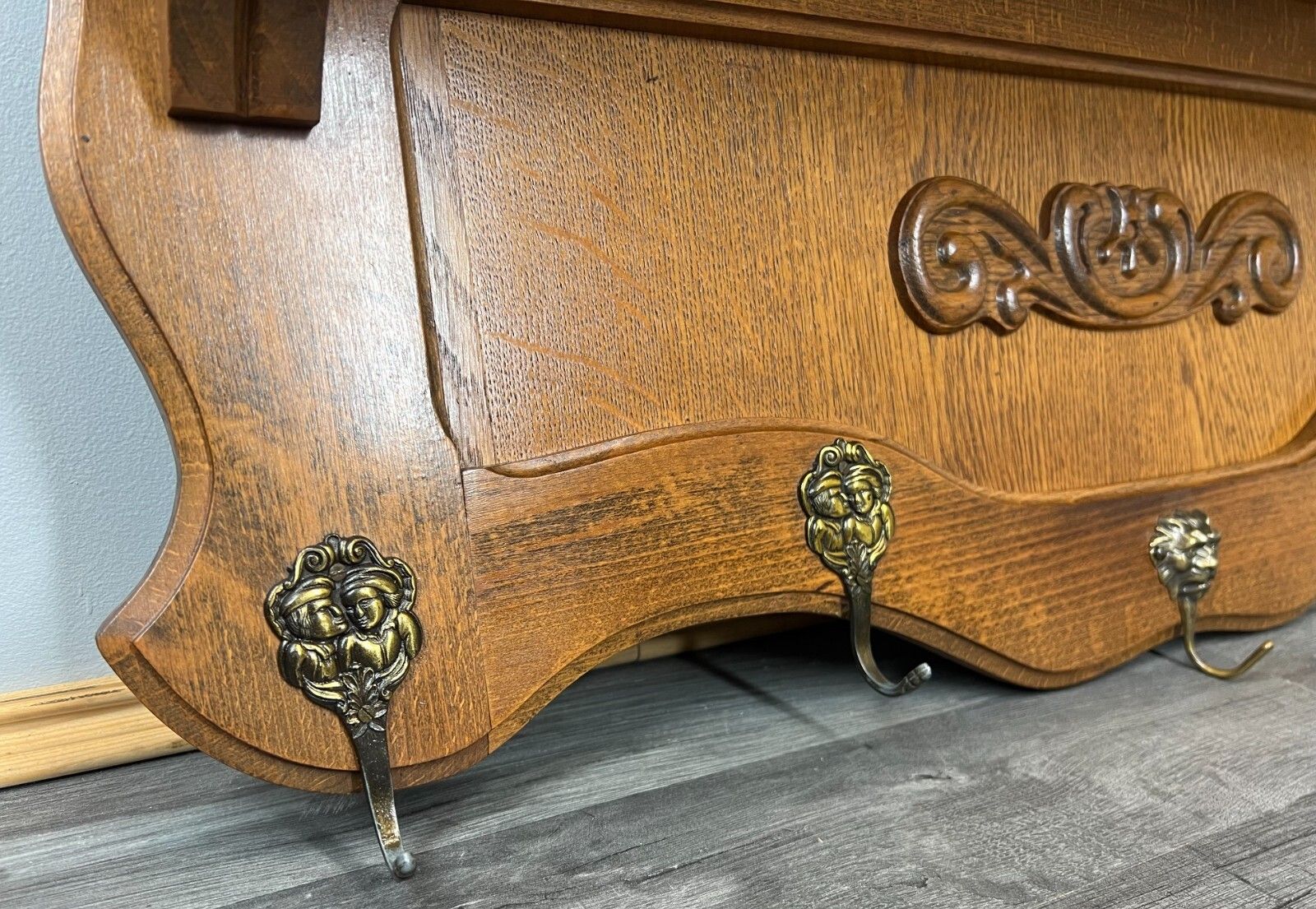 Coat Hanger Rack French Antique Solid Wood 5 Hook Ornate Carved (Lot 3506) photo 199.0