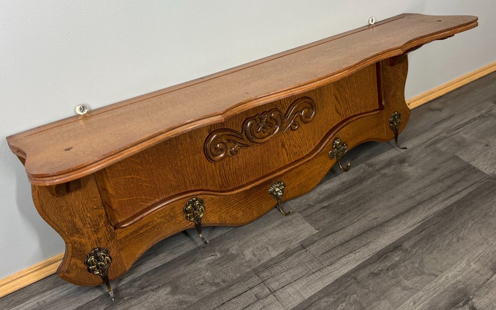 Coat Hanger Rack French Antique Solid Wood 5 Hook Ornate Carved (Lot 3506) photo vintage