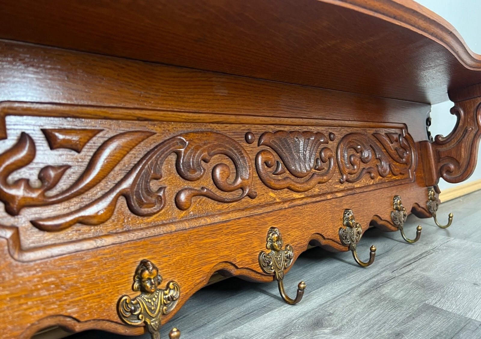 Coat Hanger Rack French Antique Solid Wood 6 Hook Ornate Carved (Lot 3510)