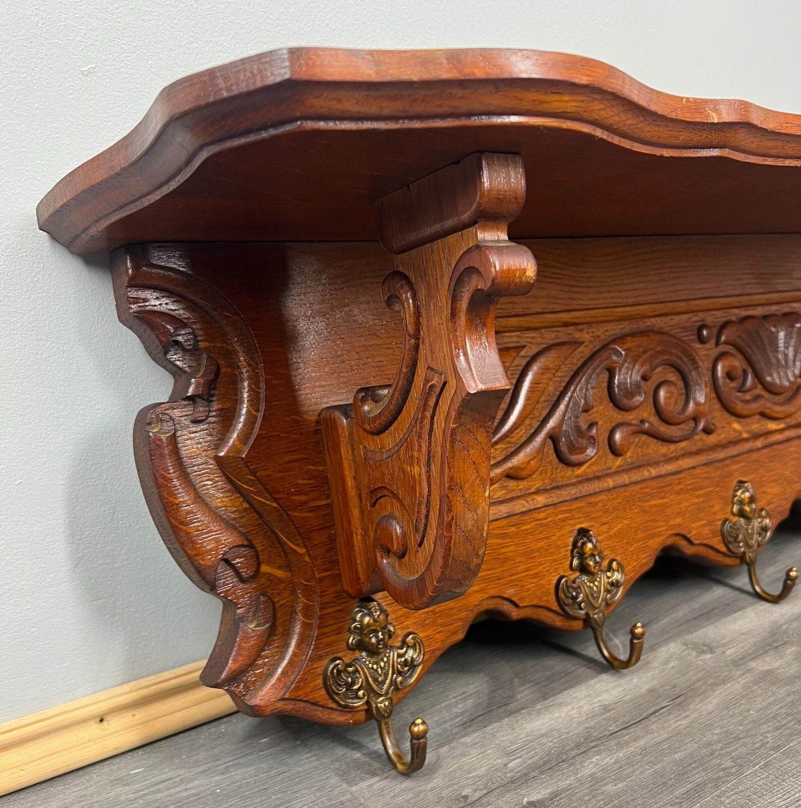 photo for sale Coat Hanger Rack French Antique Solid Wood 6 Hook Ornate Carved (Lot 3510)