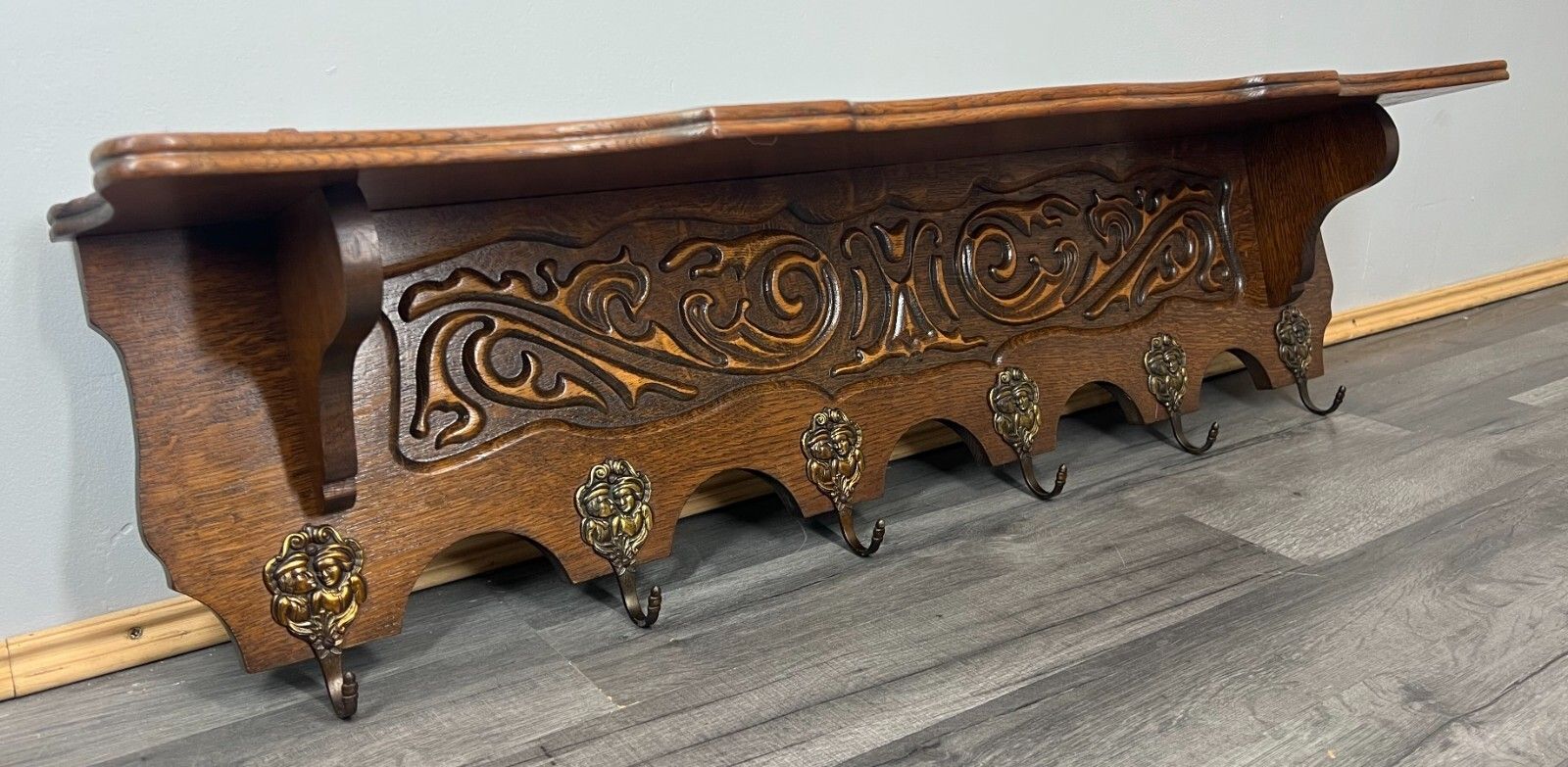 Coat Hanger Rack French Antique Solid Wood 6 Hook Ornate Carved (Lot 3511)