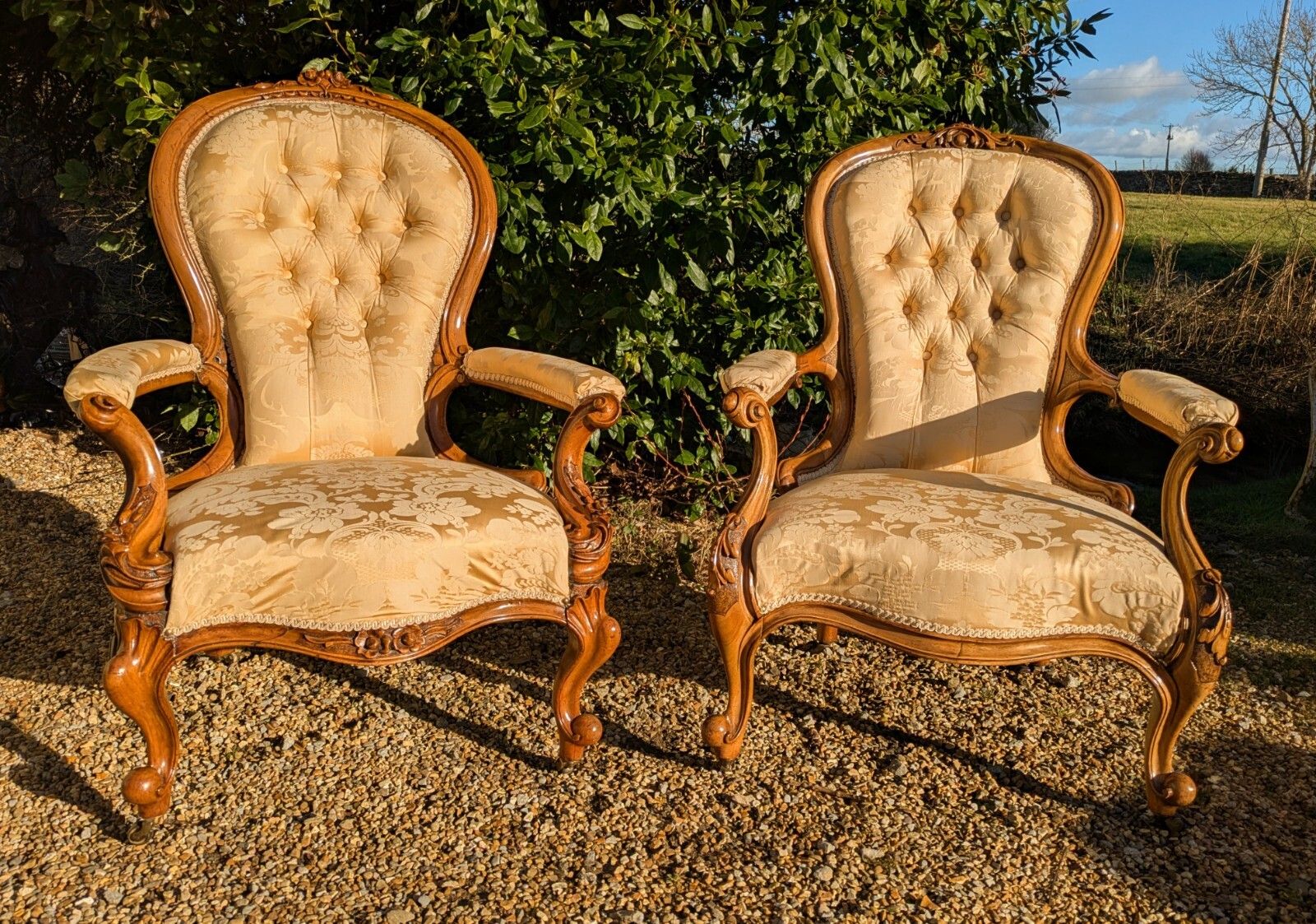 Super Pair Of Spoonback Walnut Armchairs Mid Victorian