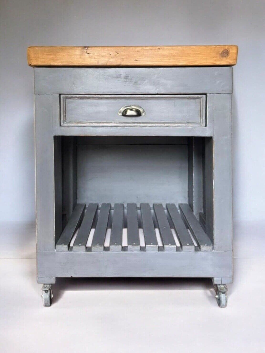 photo furniture Vintage Grey Painted Butcher’s Block Kitchen Cart Island