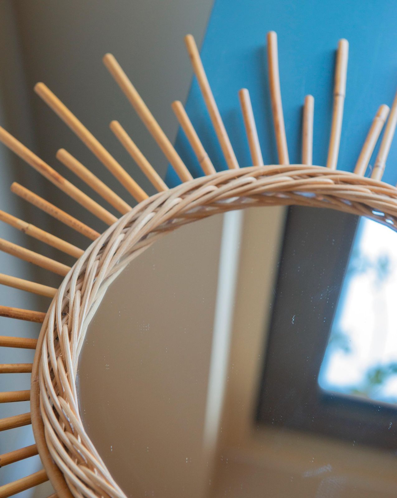photo for sale Bamboo Sunburst Mirror, French Riviera Wall Mirror, Mid Century Round Rattan Mirror, 1960s Design, Bohemian Home Decor