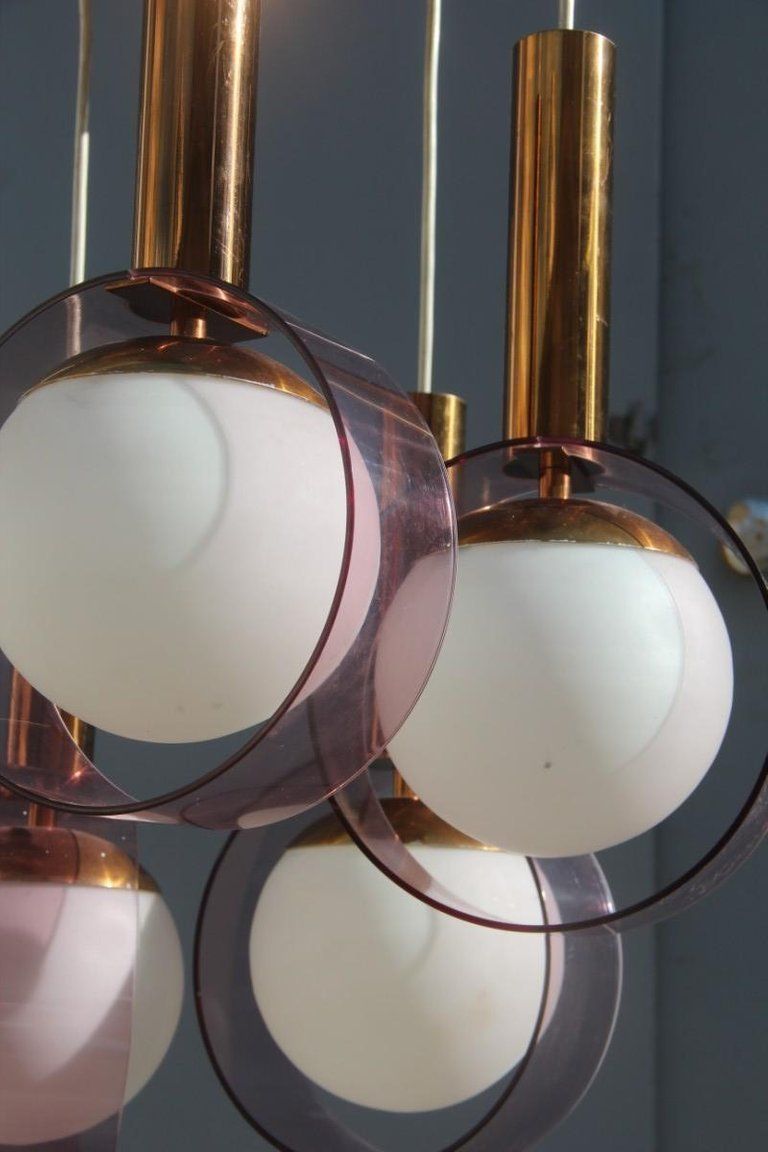 Round Stilux Milano Midcentury Chandelier Brass Plexiglass Gold Italian Design photo vintage