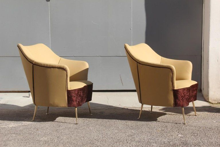 Isa Bergamo Pair Of Armchairs Italian Design Mid Century Modern Brown Brass Feet photo furniture