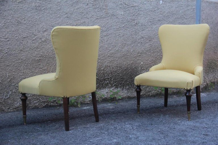 photo for sale Pair Of Chairs Mid Century Modern Italian Design Yellow Color Wood Brass Feet