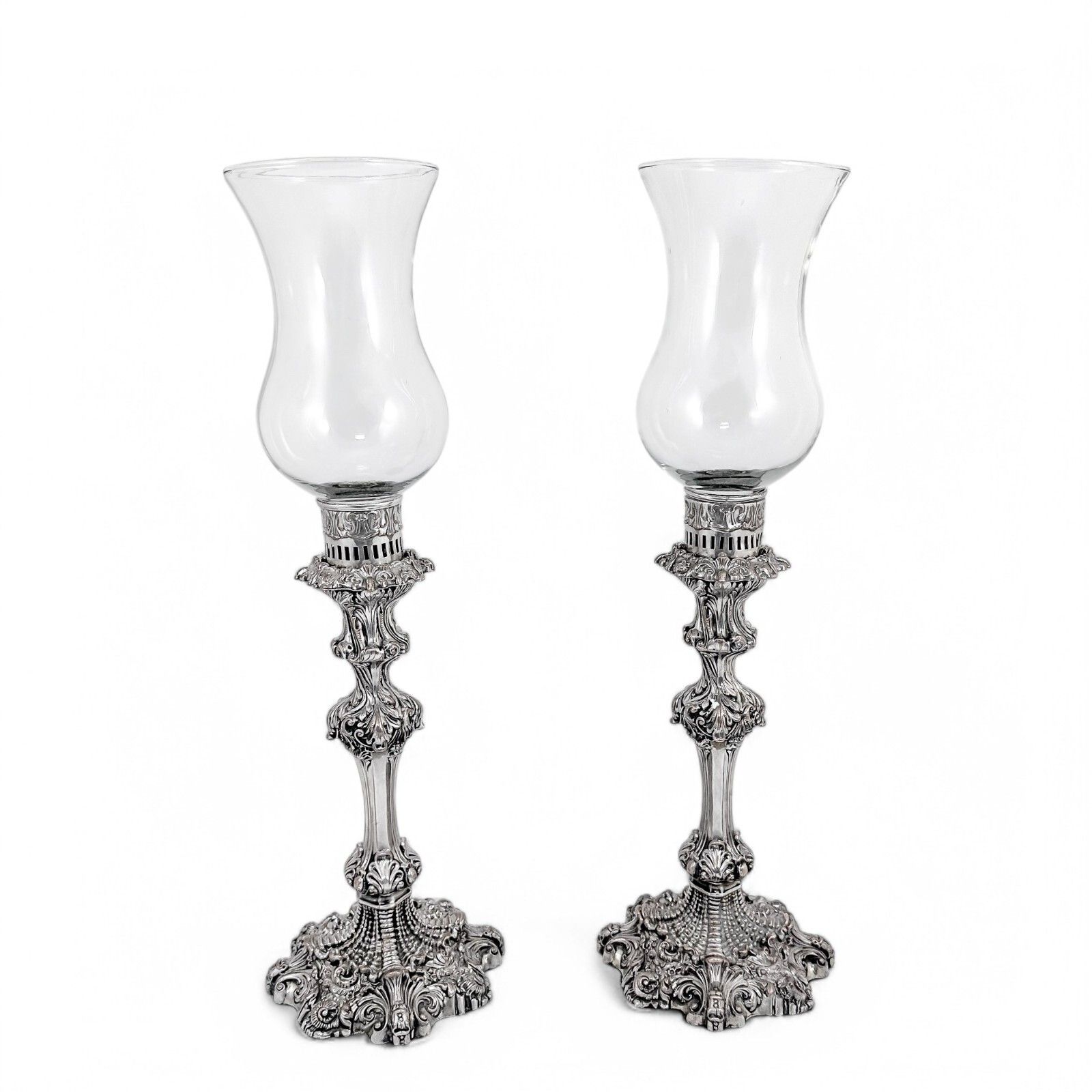 Antique 1790's Old Sheffield Plate Tall Candlesticks With Hurricane Glass Shades