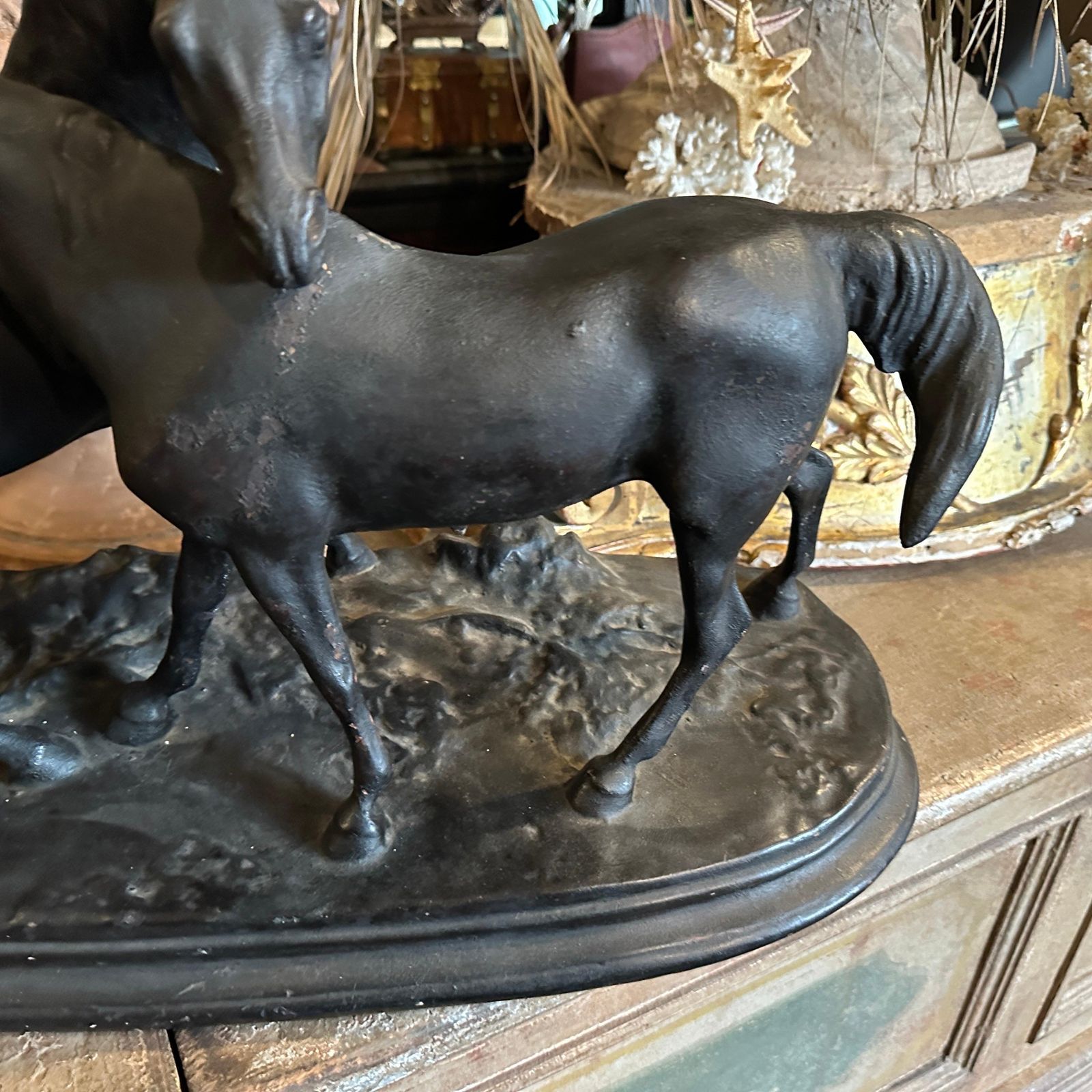1920s Hand Crafted Black Painted Terracotta Italian Figure Of Two Horses photo Art