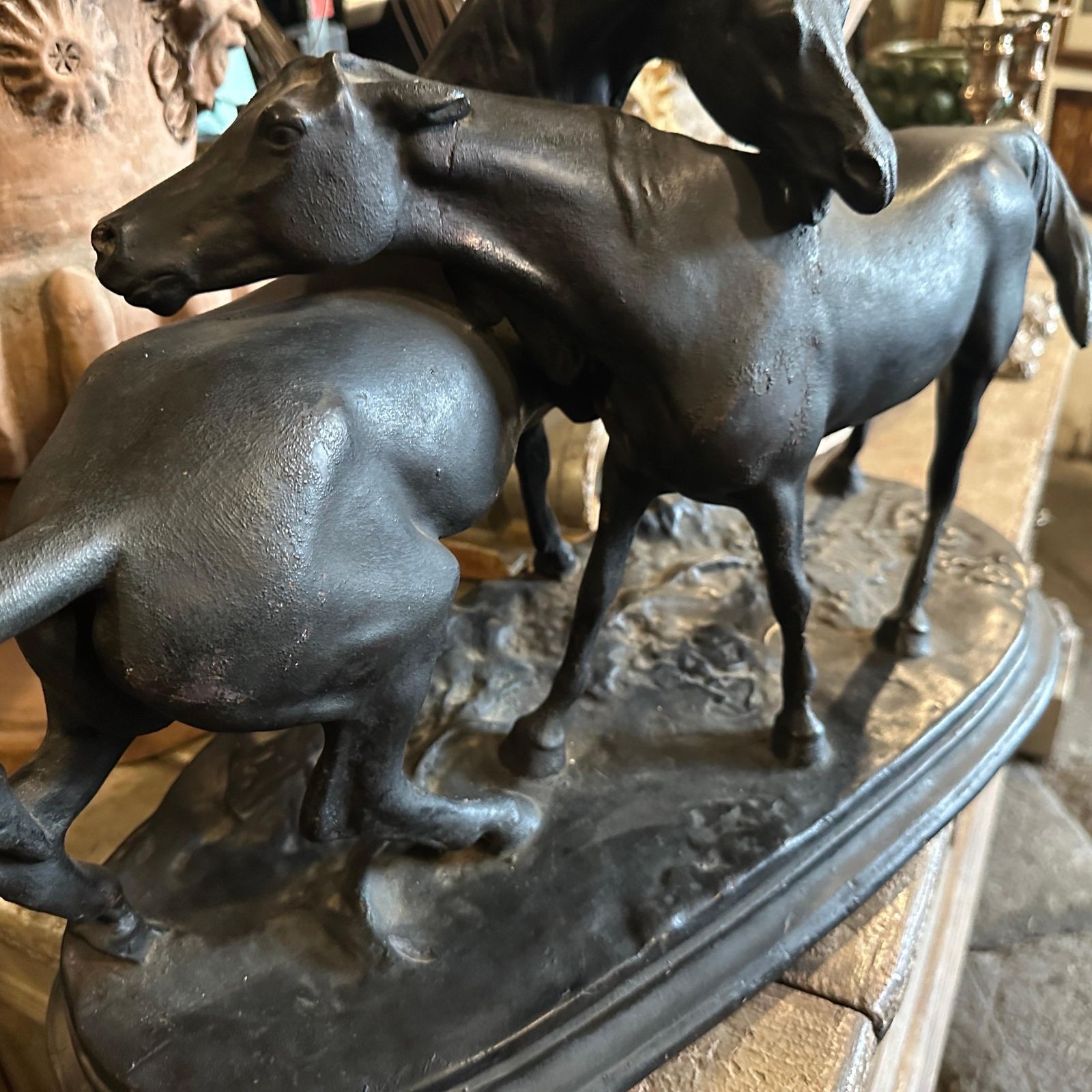 1920s Hand Crafted Black Painted Terracotta Italian Figure Of Two Horses photo buy