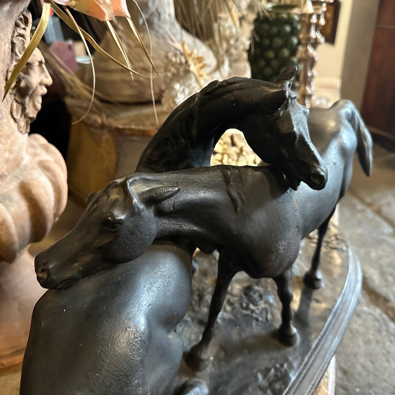 photo for sale 1920s Hand Crafted Black Painted Terracotta Italian Figure Of Two Horses