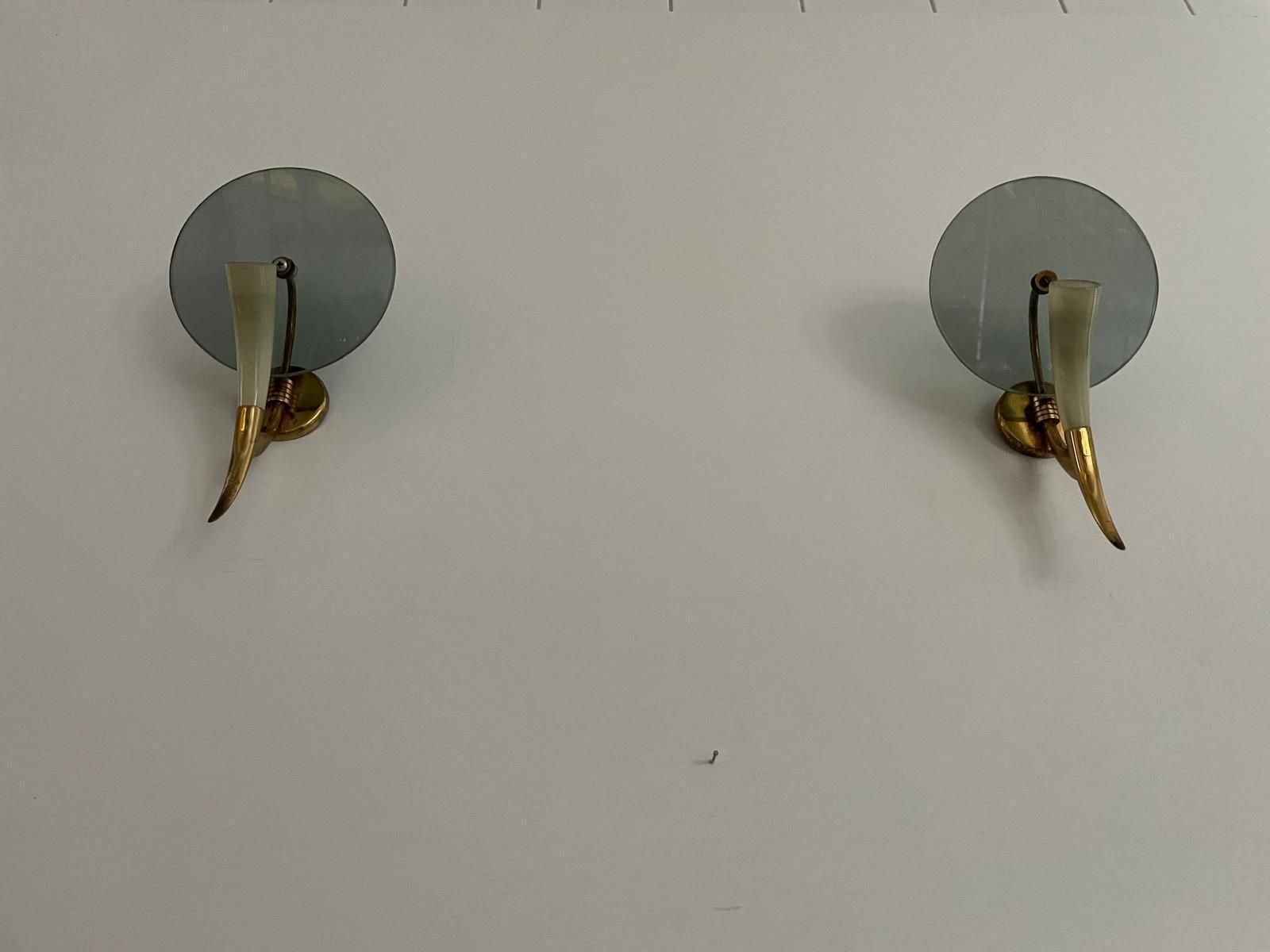 photo for sale Exclusive Horn Shaped Glass And Brass Pair Of Sconces, 1940s, Italy