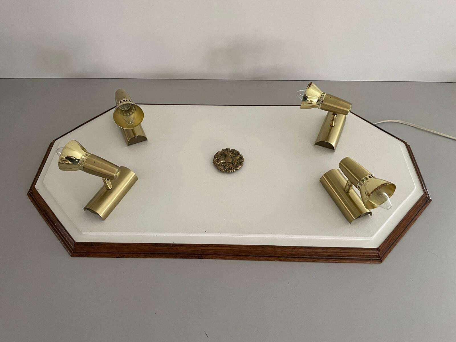Wood Base Xl Flush Mount Or Wall Lamp With 4 Gold Metal Lights, 1960s, Italy