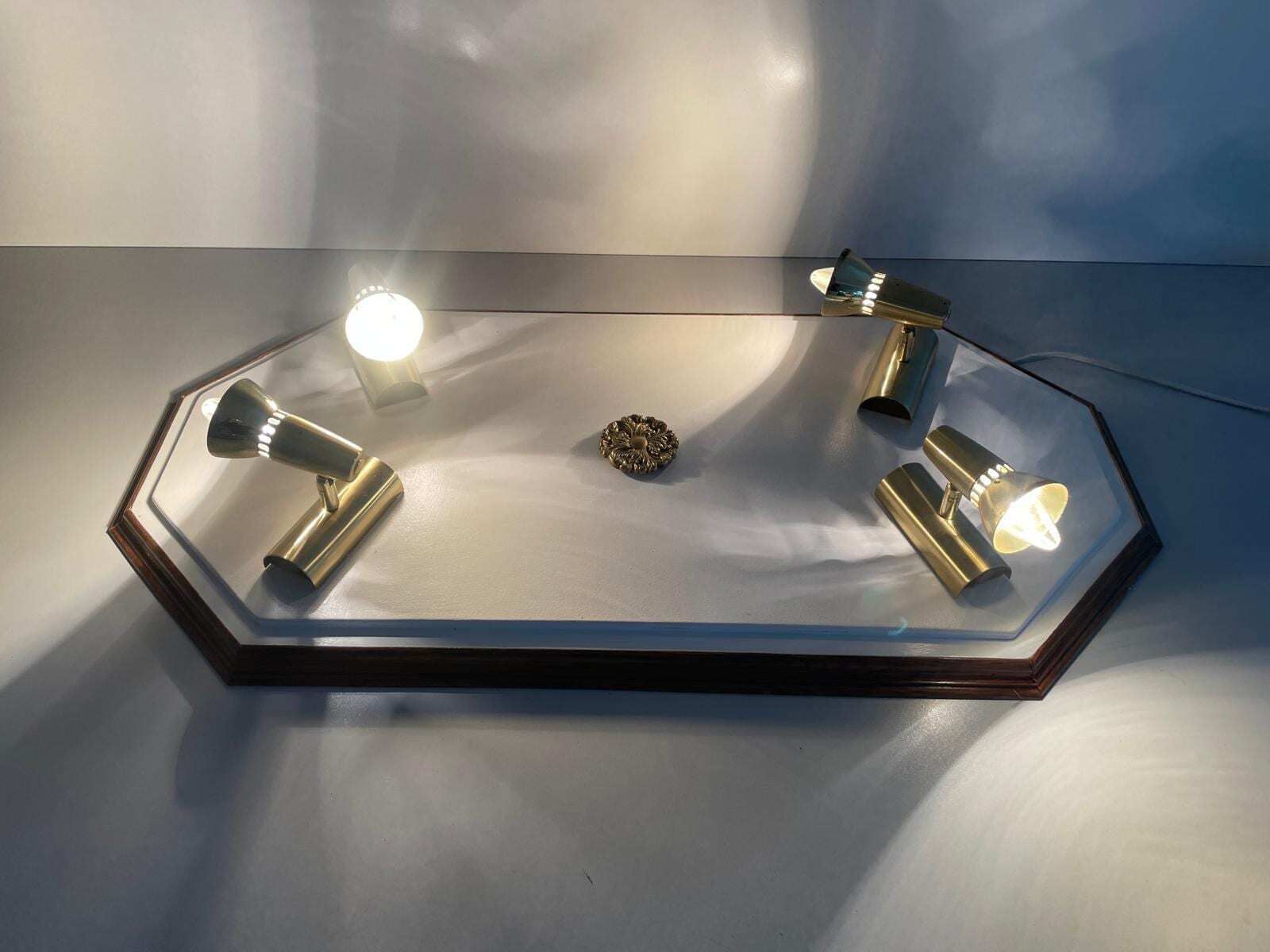 Wood Base Xl Flush Mount Or Wall Lamp With 4 Gold Metal Lights, 1960s, Italy photo furniture
