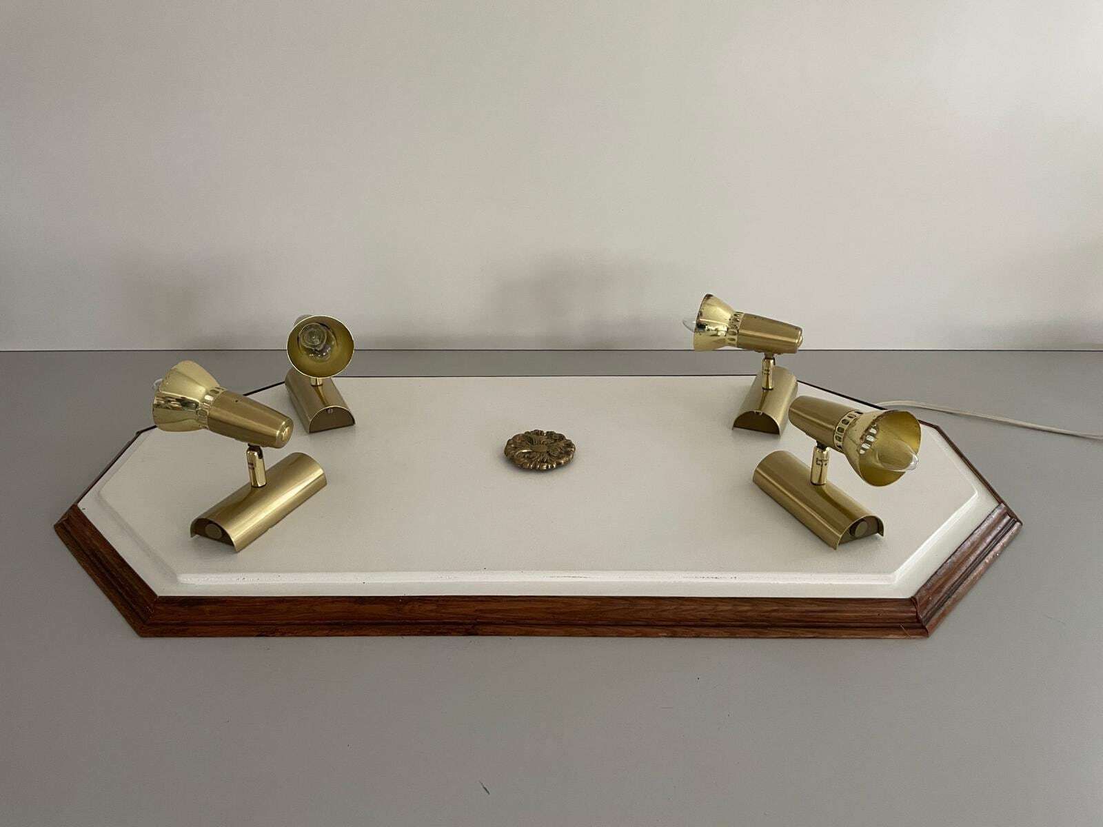 Wood Base Xl Flush Mount Or Wall Lamp With 4 Gold Metal Lights, 1960s, Italy photo for sale