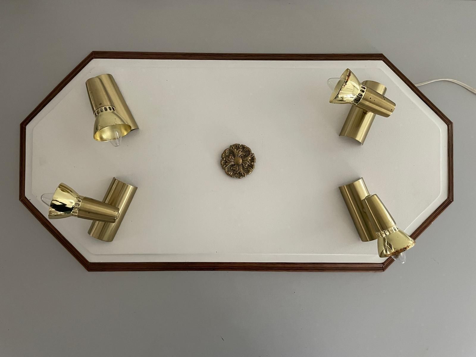 Wood Base Xl Flush Mount Or Wall Lamp With 4 Gold Metal Lights, 1960s, Italy photo Lighting