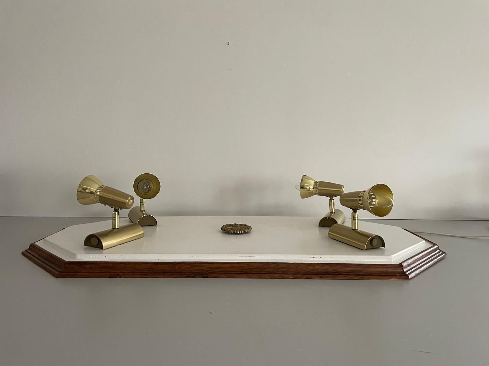 photo for sale Wood Base Xl Flush Mount Or Wall Lamp With 4 Gold Metal Lights, 1960s, Italy