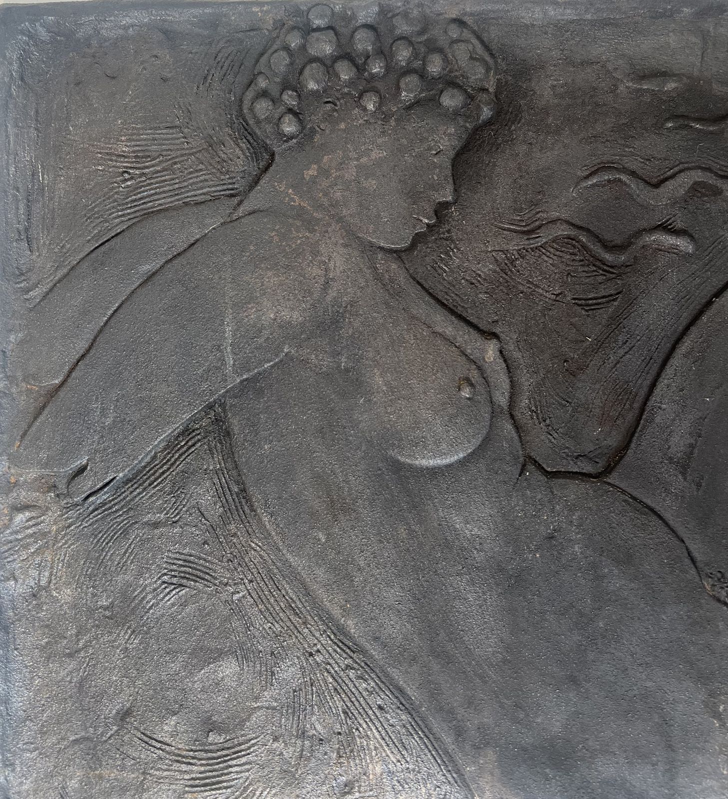 Cast Iron Fireplace Plate Depicting A Naked Woman Signed Bonnefoit, 1978 photo for sale