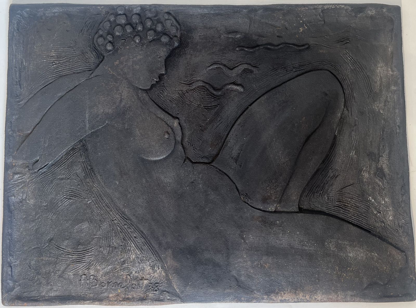 3800.0 Cast Iron Fireplace Plate Depicting A Naked Woman Signed Bonnefoit, 1978 photo