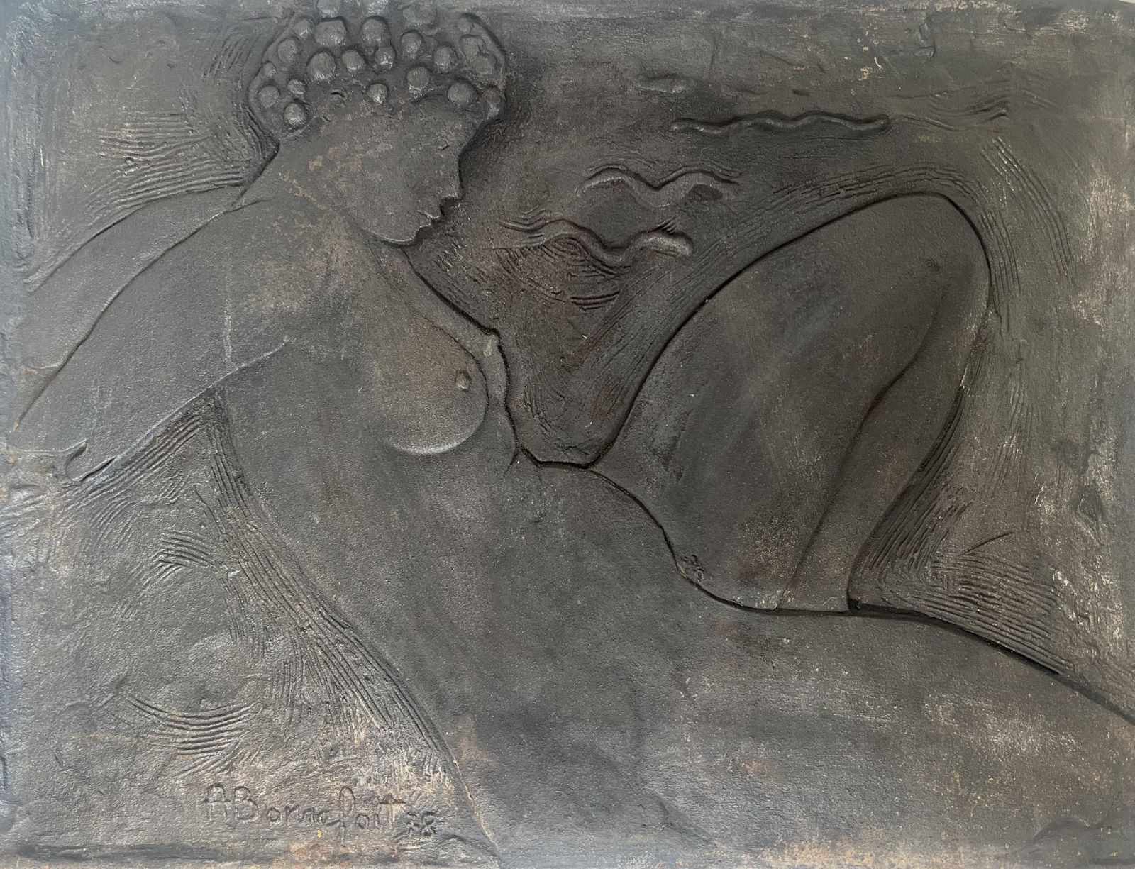 photo buy Cast Iron Fireplace Plate Depicting A Naked Woman Signed Bonnefoit, 1978