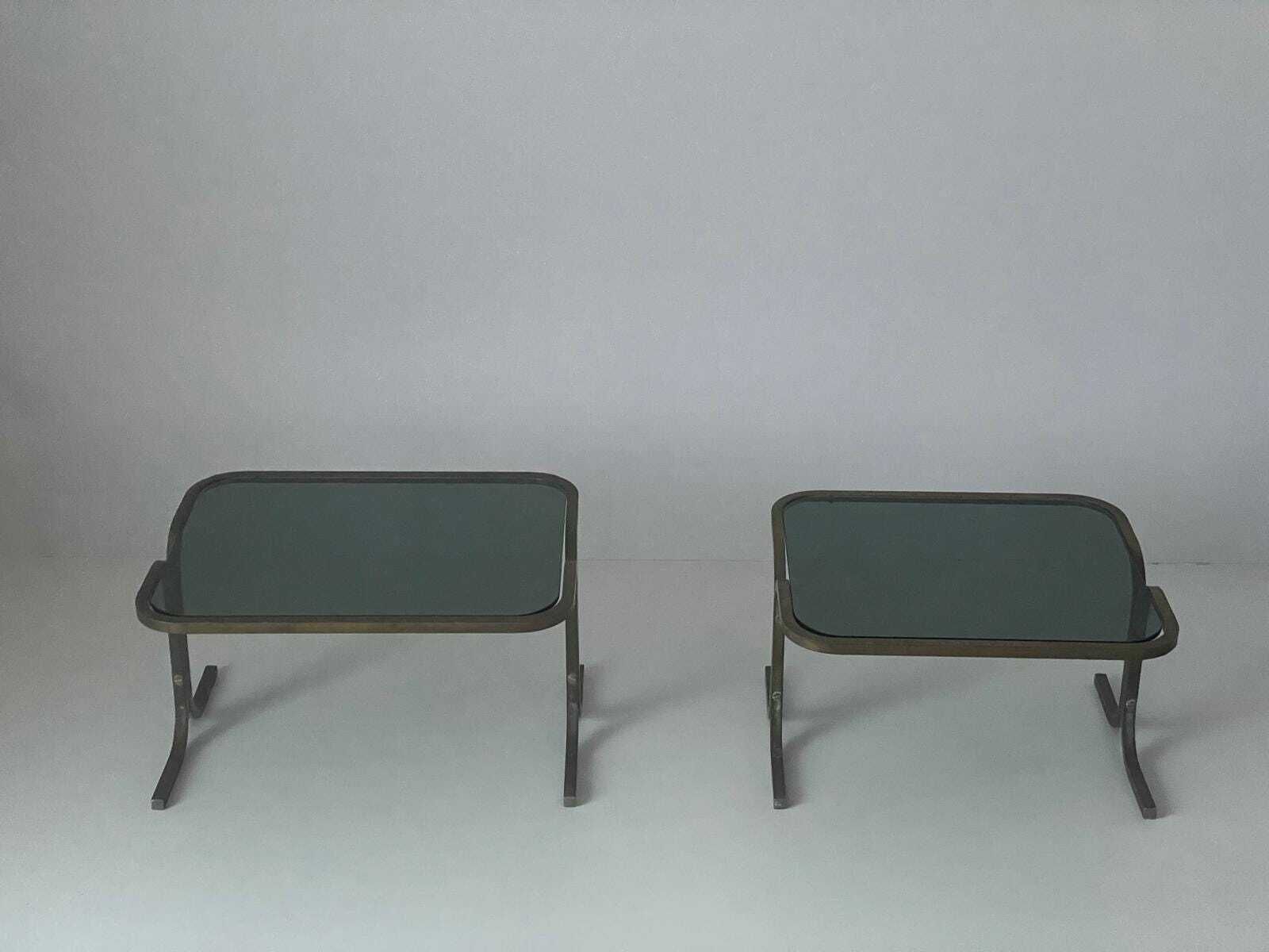Mid Century Modern Green Glass Top And Brass Body Pair Of Side Tables, 1950s, Italy photo furniture