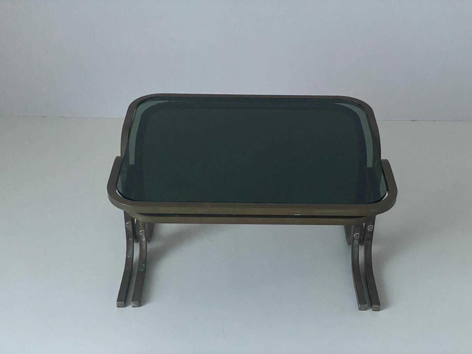 Mid Century Modern Green Glass Top And Brass Body Pair Of Side Tables, 1950s, Italy photo Furniture