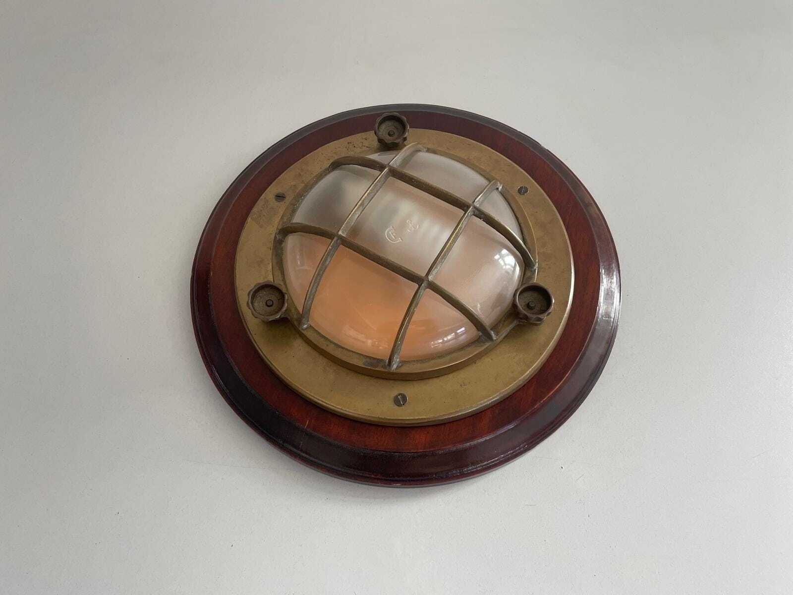 Brass And Glass Ship Wall Or Ceiling Light With Wood Base, 1960s, Italy photo Lighting