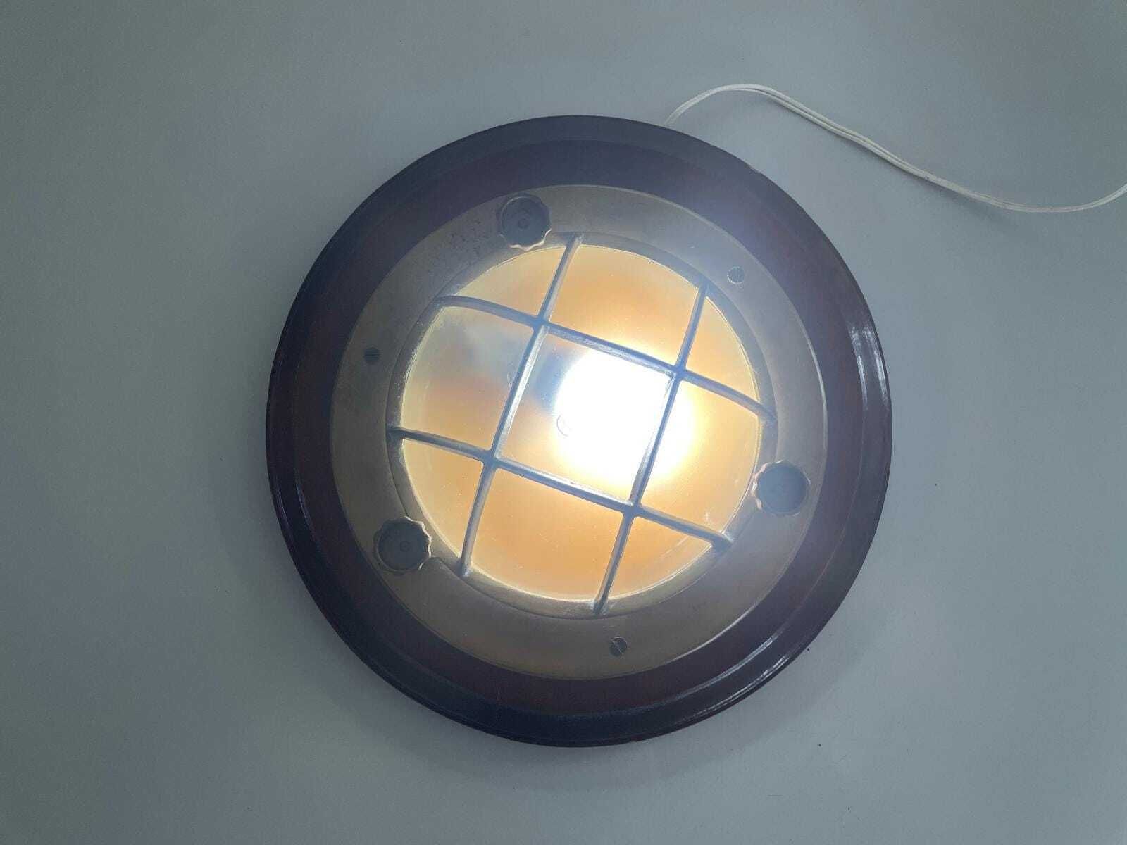 Brass And Glass Ship Wall Or Ceiling Light With Wood Base, 1960s, Italy photo vinterior