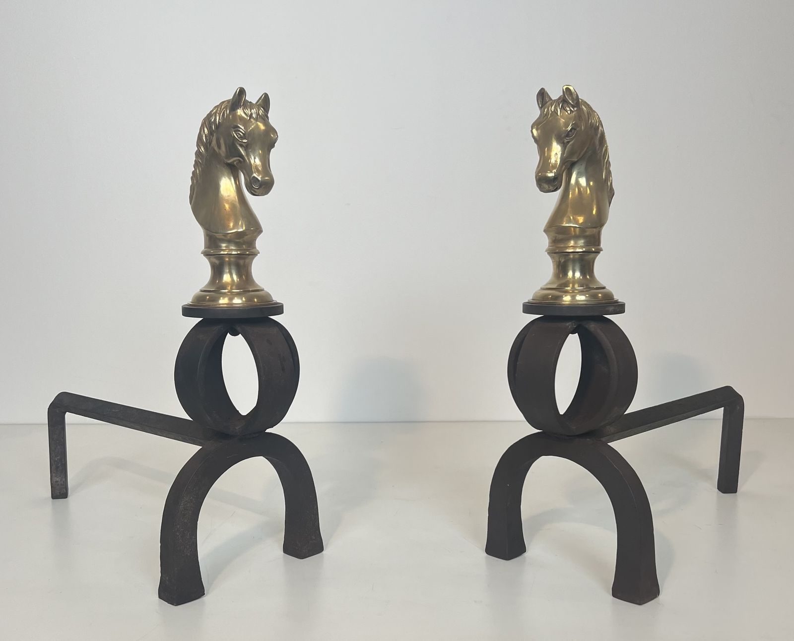 5850.0 Important Pair Of Bronze And Wrought Iron Andirons Representing Horses' Heads photo