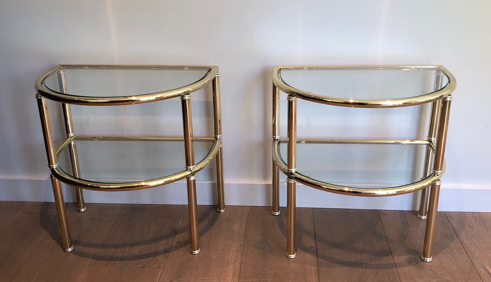 Pair Of Rounded Brass And Silver Metal Sofa End Tables