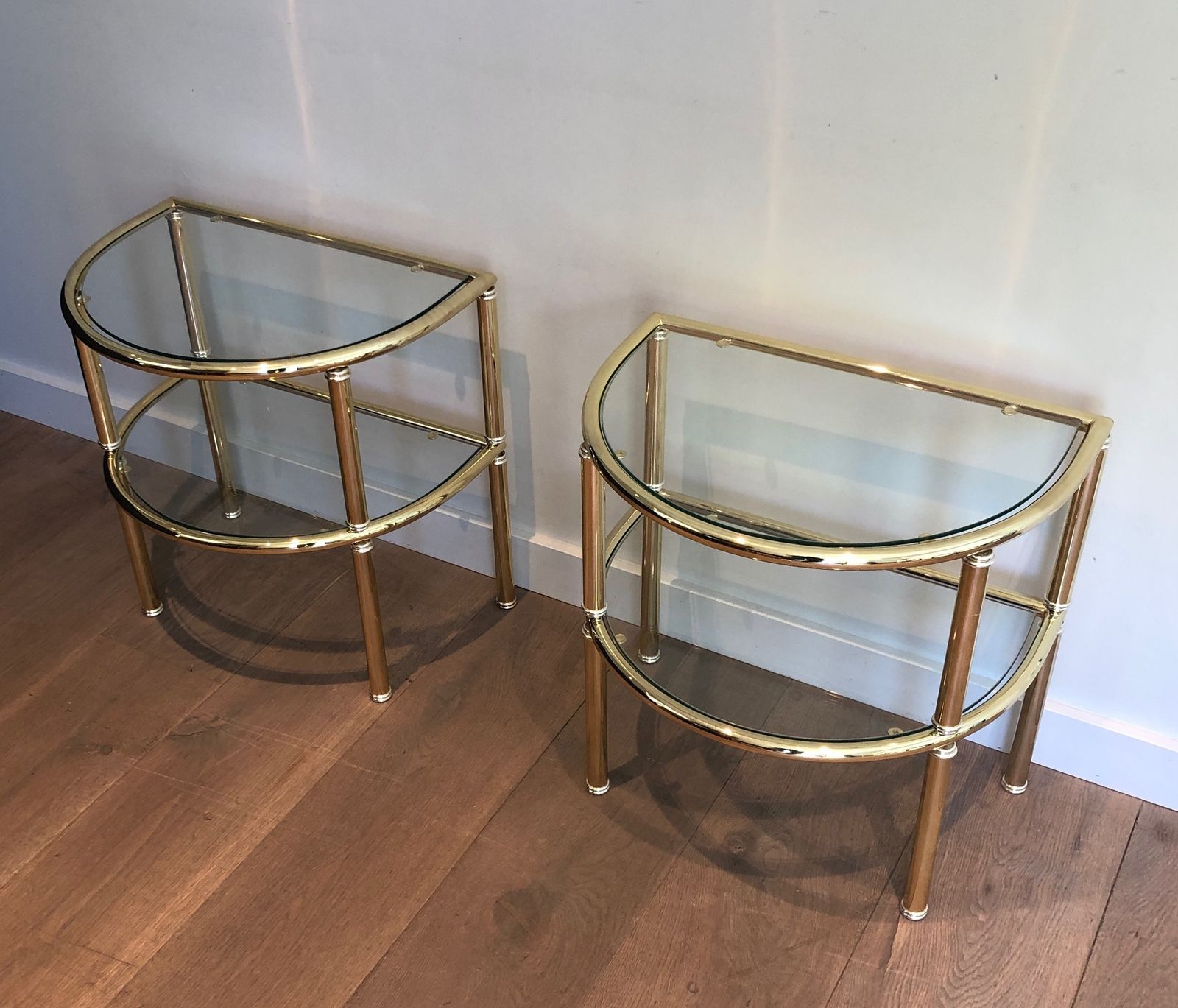 Pair Of Rounded Brass And Silver Metal Sofa End Tables photo furniture