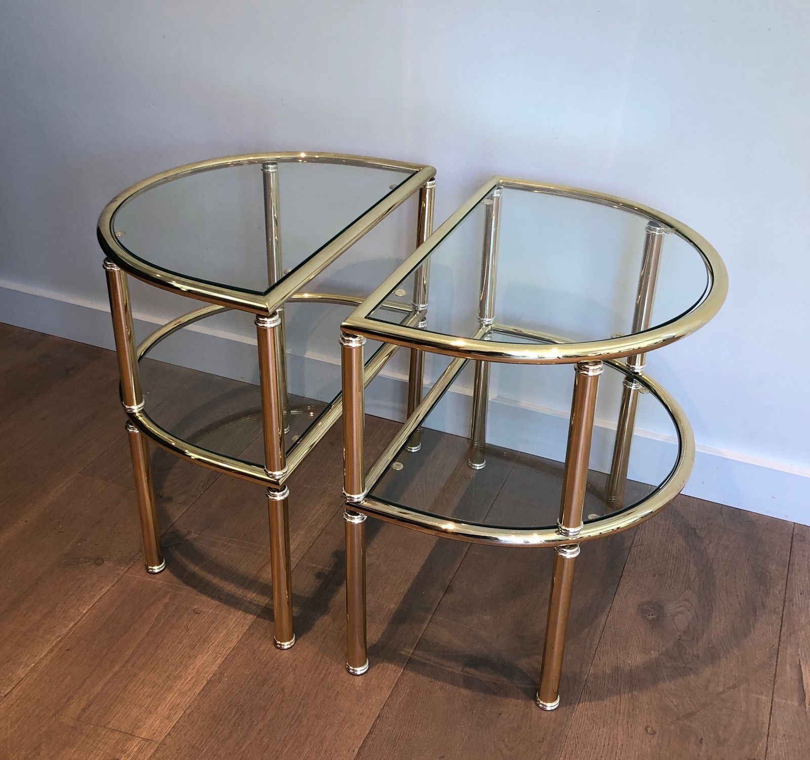 Pair Of Rounded Brass And Silver Metal Sofa End Tables photo Furniture