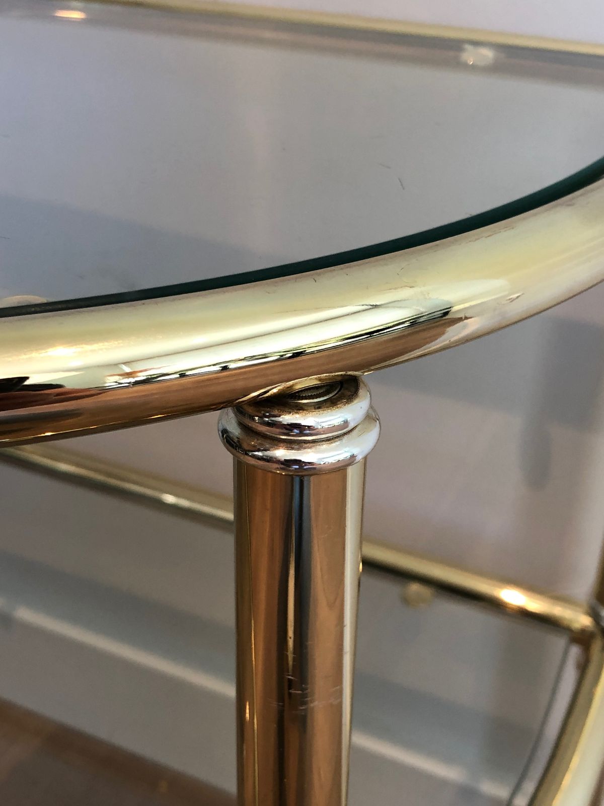 Pair Of Rounded Brass And Silver Metal Sofa End Tables photo vintage