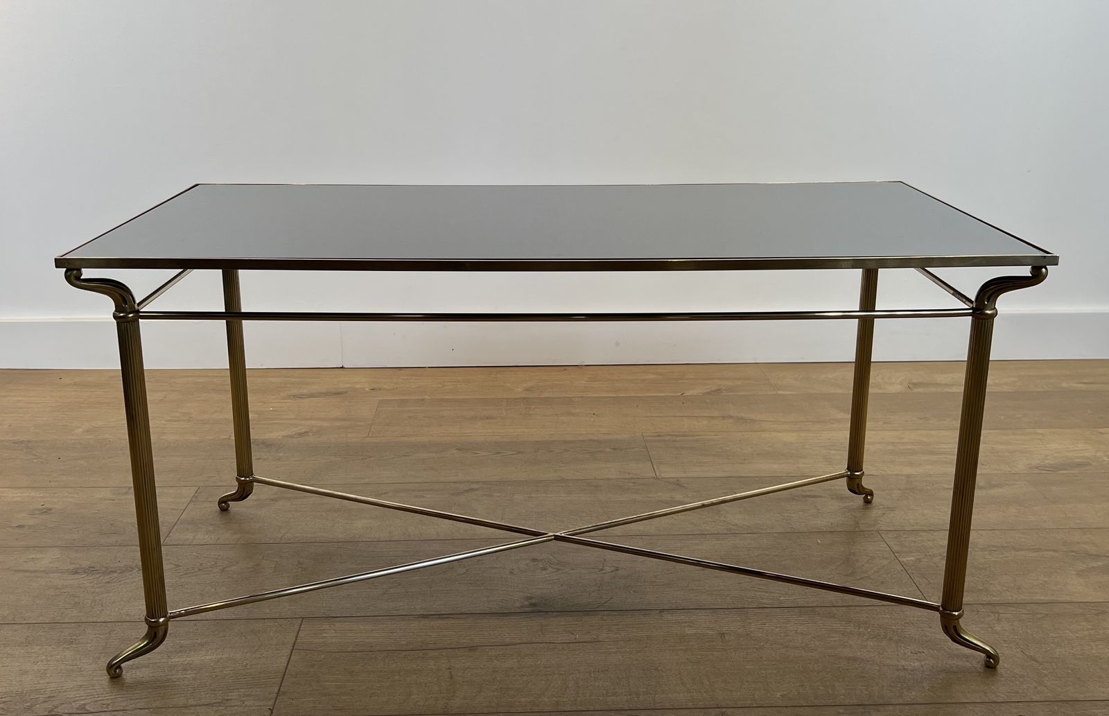 Coffee Table In Brass And Black Lacquered Glass In The Style Of Maison Jansen photo for sale