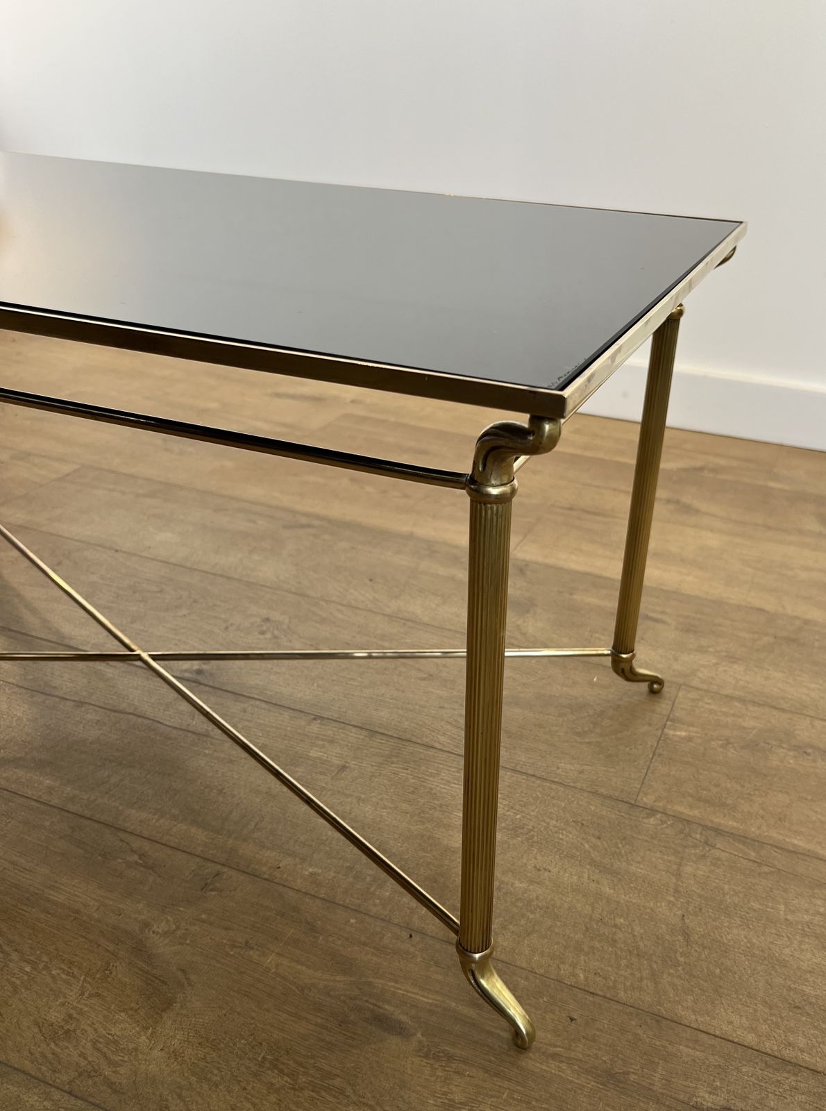 Coffee Table In Brass And Black Lacquered Glass In The Style Of Maison Jansen photo vintage