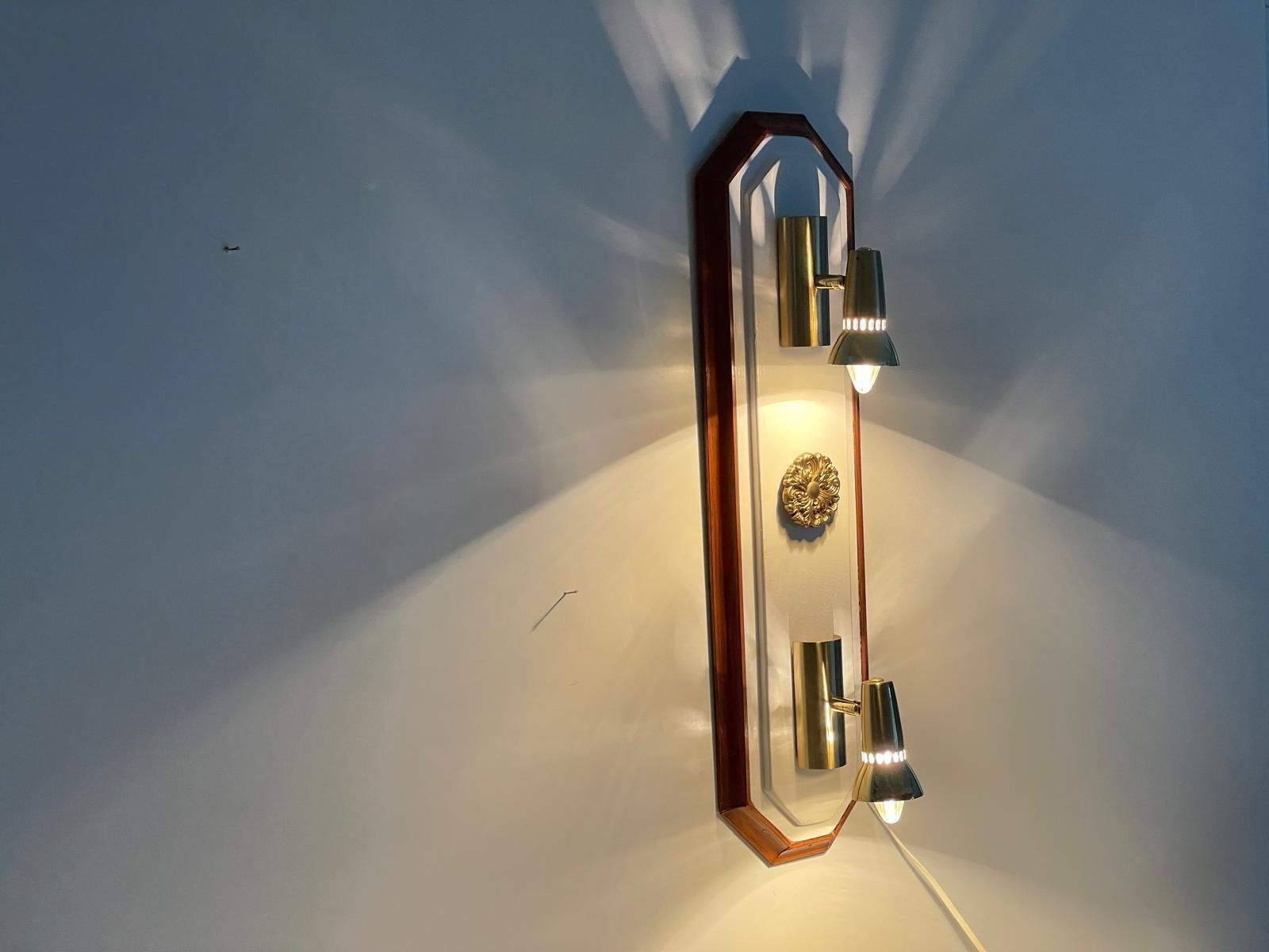 Wood Base Vertical Wall Lamp With 2 Gold Metal Lights, 1960s, Italy photo buy