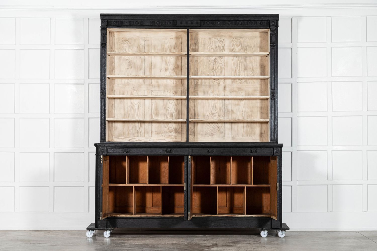 Pair Large 19thc English Ebonised & Bleached Carved Oak Bookcases photo buy