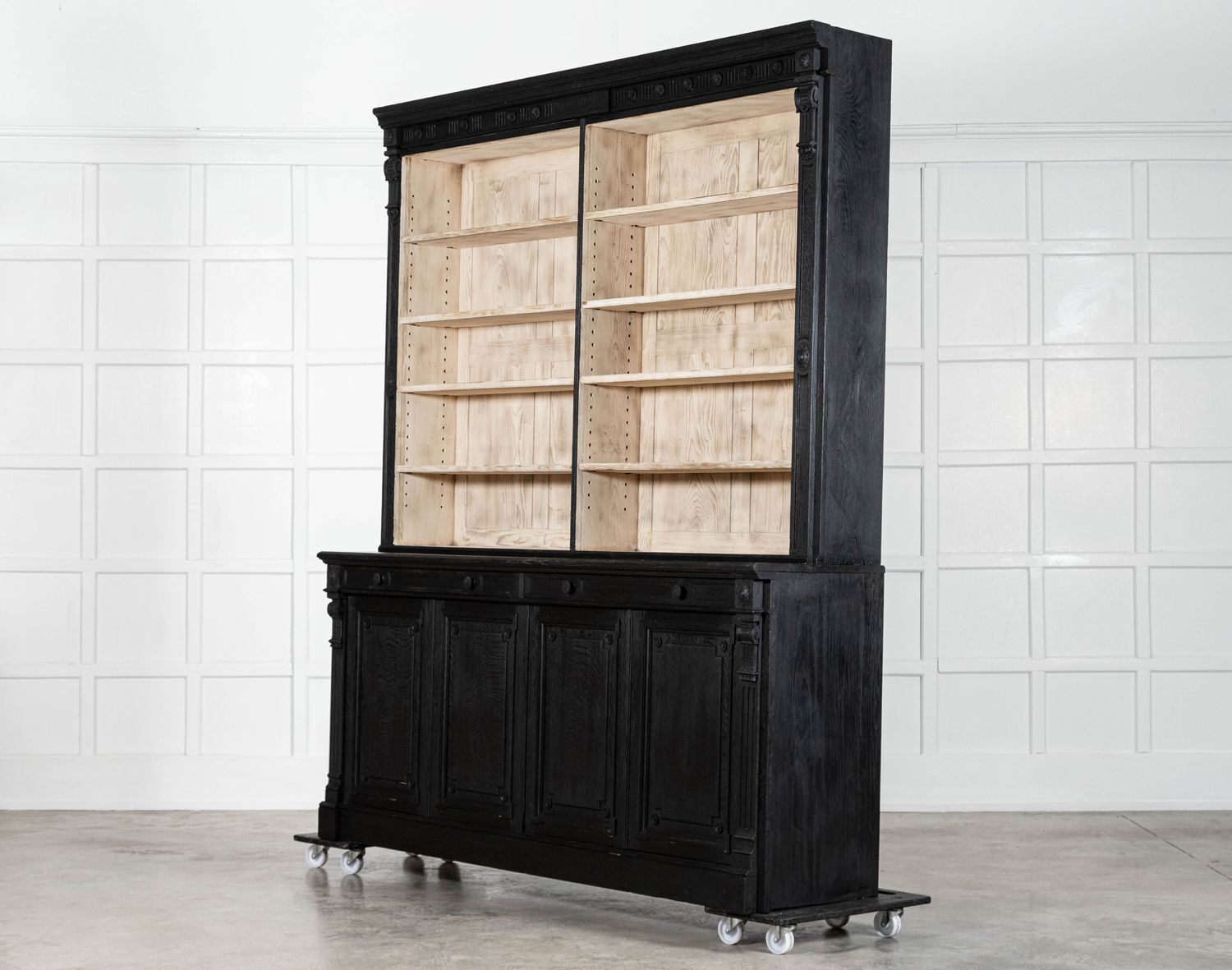 photo furniture Pair Large 19thc English Ebonised & Bleached Carved Oak Bookcases