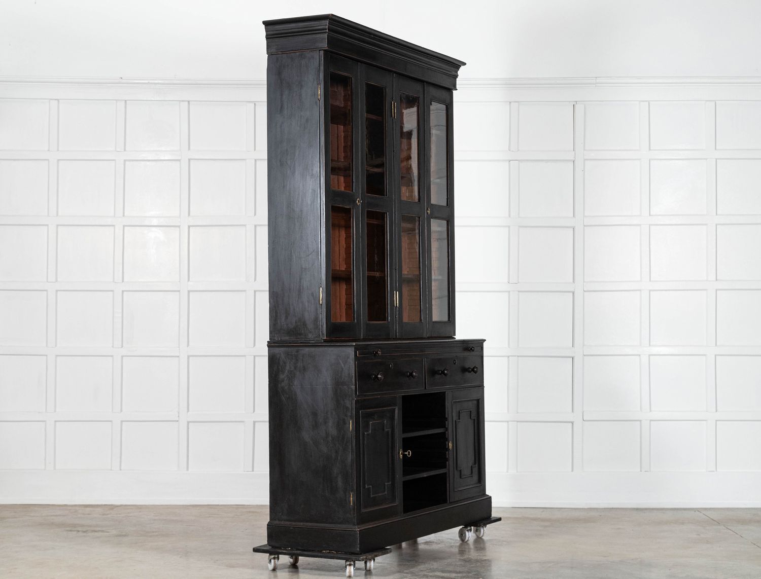 Large English 19thc Ebonised Mahogany Glazed Bookcase Secretaire photo for sale