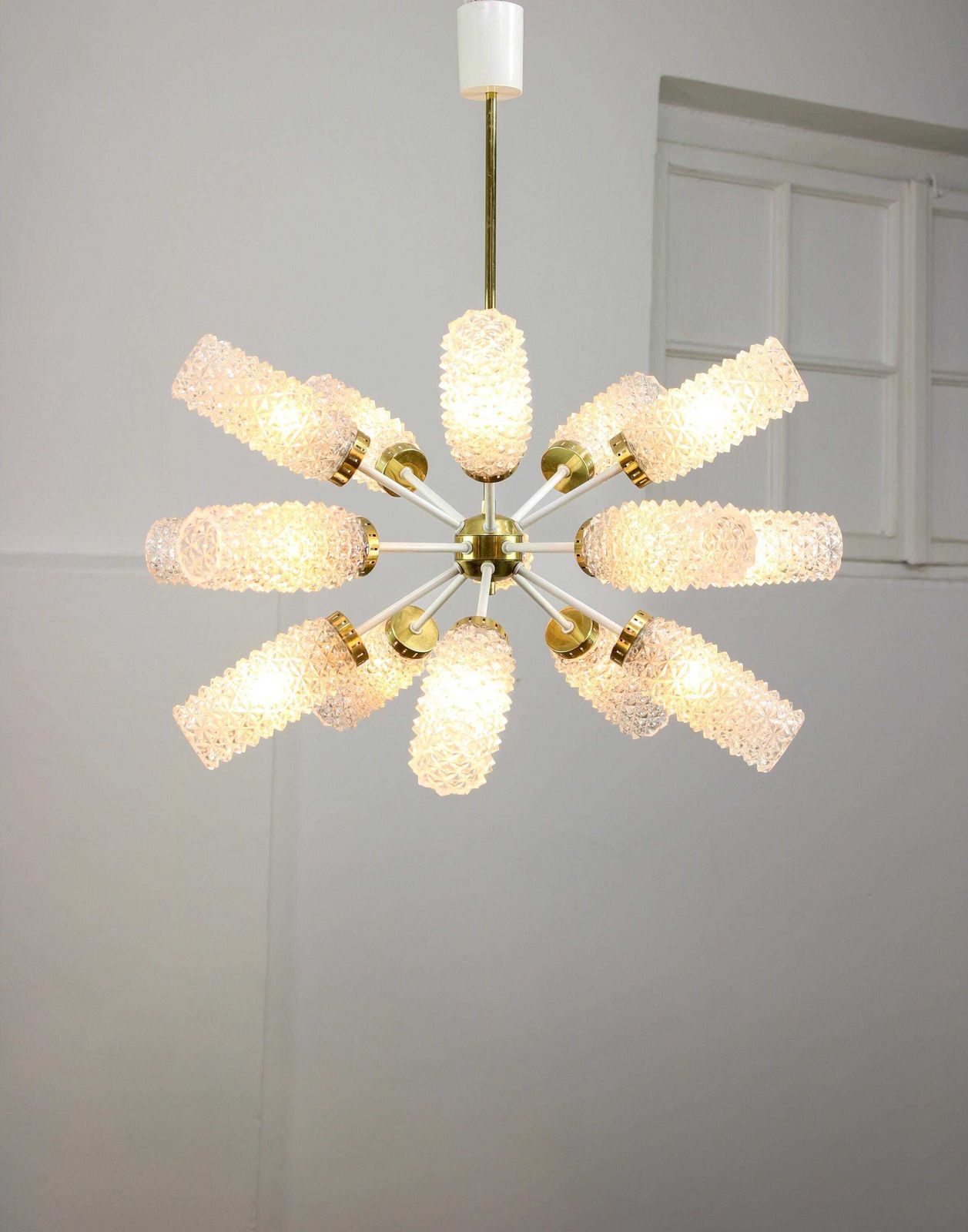 Vintage Sputnik Brass And Glass Chandelier 1970s / Mid Century Pendant Lamp With 15 Structured Glass Fixtures / Star Space Age Rare Lighting