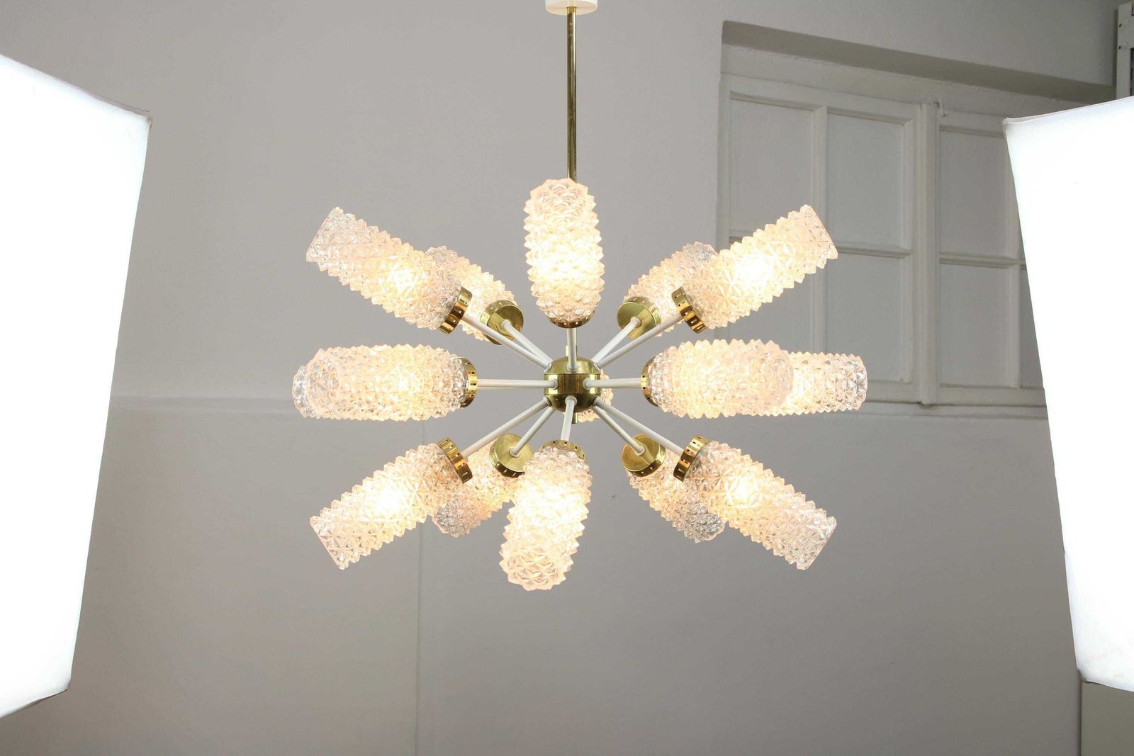Vintage Sputnik Brass And Glass Chandelier 1970s / Mid Century Pendant Lamp With 15 Structured Glass Fixtures / Star Space Age Rare Lighting photo buy