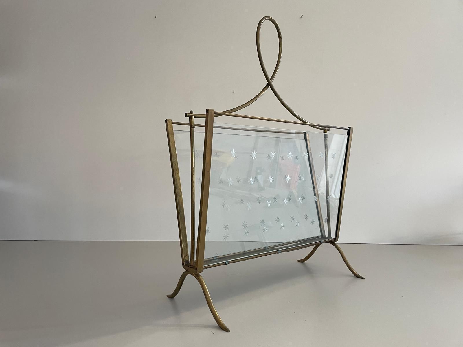 Mid Century Modern Glass And Brass Elegant Magazine Holder, 1960s, Italy photo furniture